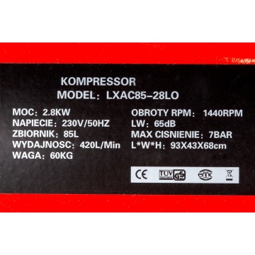 Bezolejowy cichy kompresor LXAC85-28LO - pojemność 85 litrów