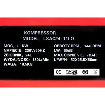 Bezolejowy cichy kompresor LXAC24-11LO - pojemność 24 litry